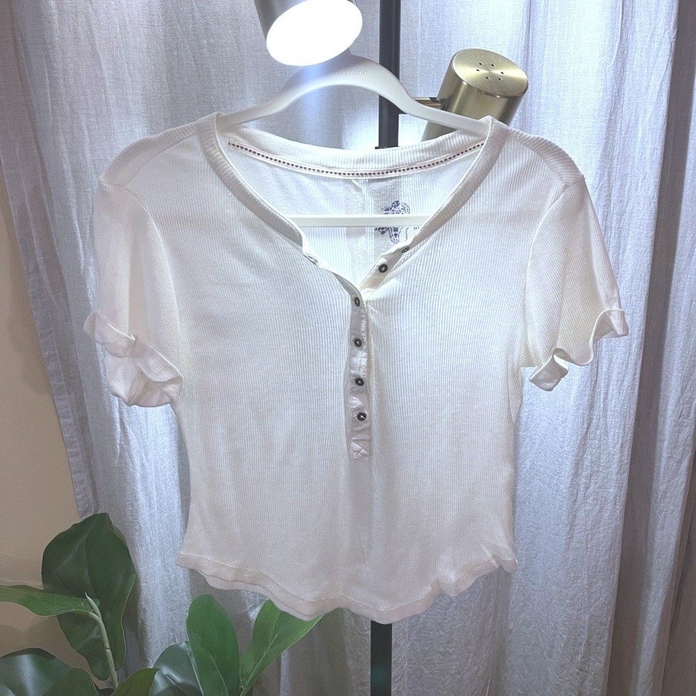 Pilcro short sleeve henley sexy loungewear crop fitted scoop neck button up‎ xxs